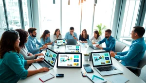 Florida Ad Agency team collaborating creatively in a modern office setting.