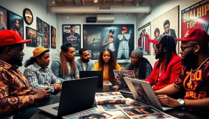 Hip hop publicist team strategizing in a vibrant office, showcasing career growth.