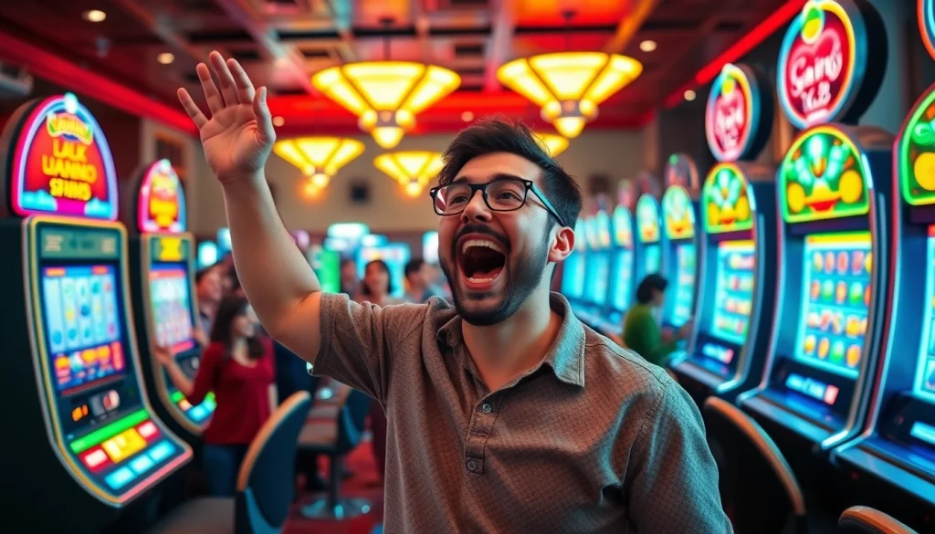 Petanitoto pemain merayakan kemenangan di mesin slot online yang cerah dan ramai.