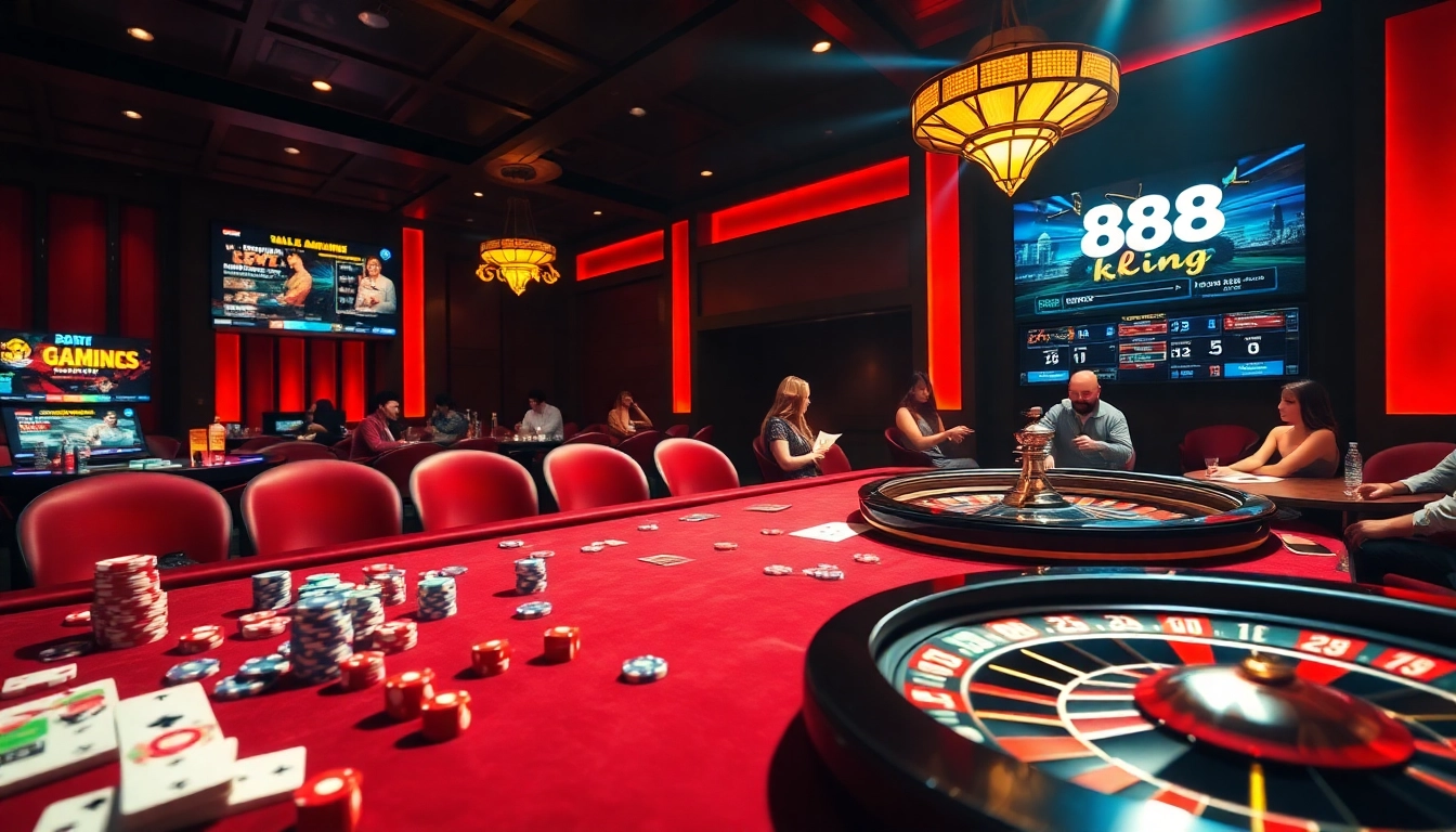 Players engage in an exciting game at 88king's vibrant casino table, with chips and cards scattered for an immersive experience.