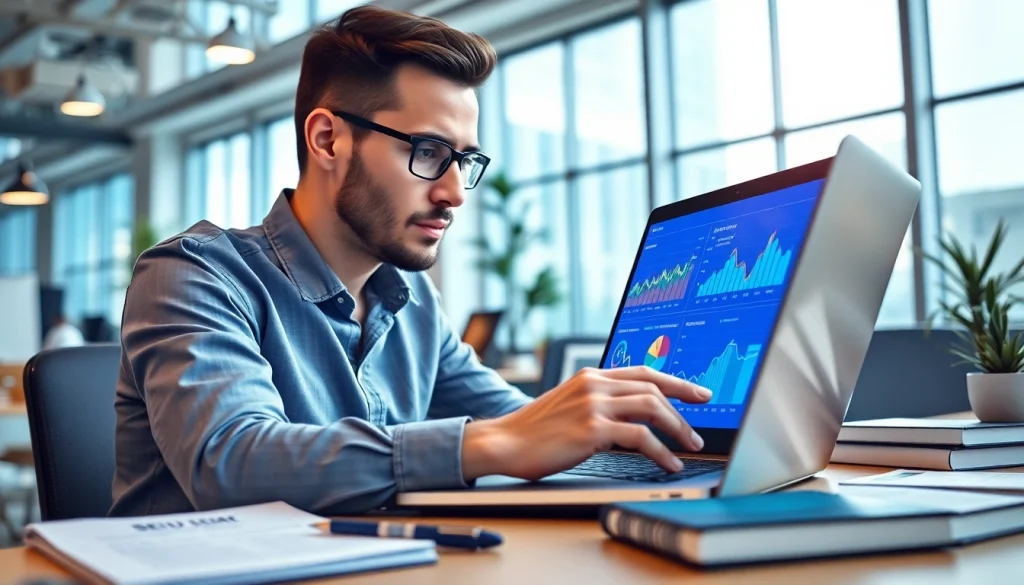 Analyze SEO metrics with a professional digital marketer in a modern office setting.