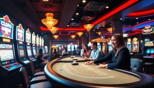 Exciting F168 online casino scene with vibrant gaming tables and slot machines, showcasing a lively atmosphere.
