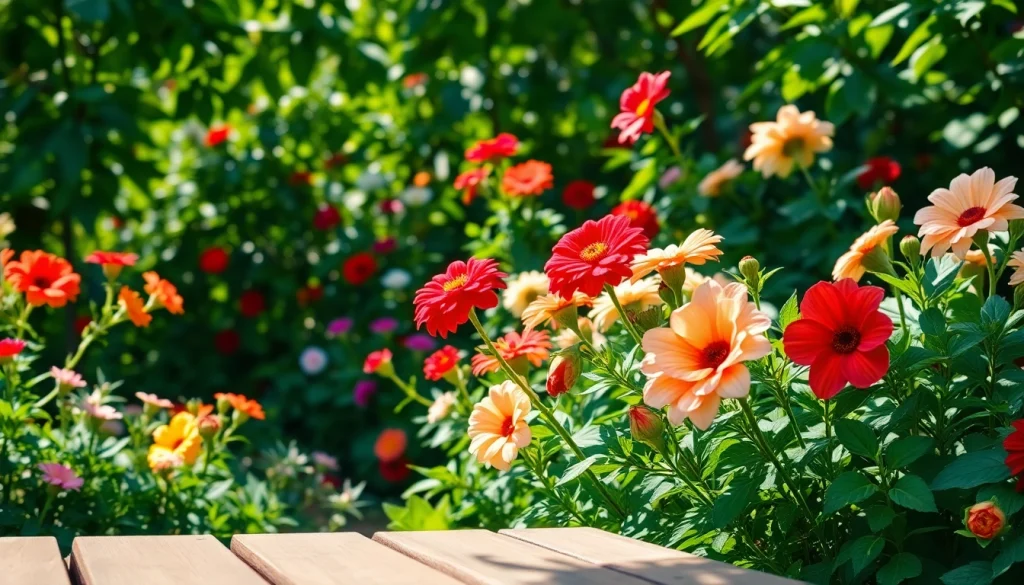 Gardening flowers in a vibrant garden setting with warm sunlight and lush green plants.