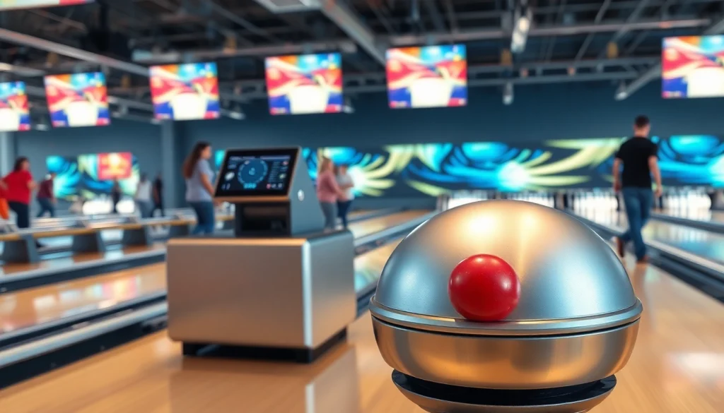 String bowling manufacturer showcasing the advanced EV99 machine in a vibrant bowling alley.