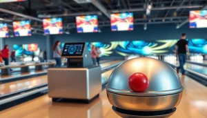 String bowling manufacturer showcasing the advanced EV99 machine in a vibrant bowling alley.