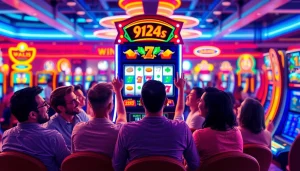 Engaged players at https://rusia777.com celebrating around a vibrant slot machine in a lively casino.