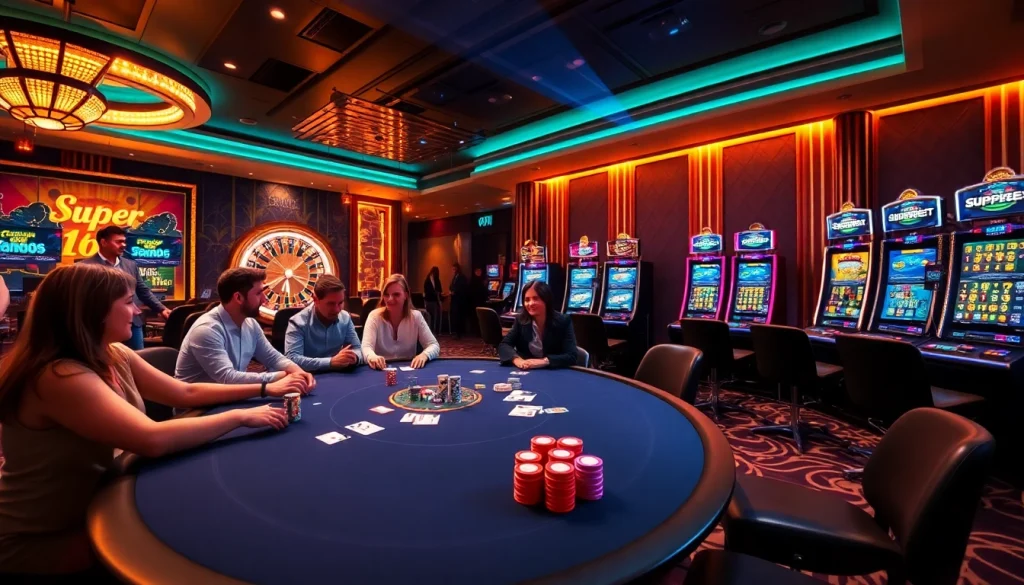 Engaging Superbet casino scene with poker, roulette, and vibrant slot machines.