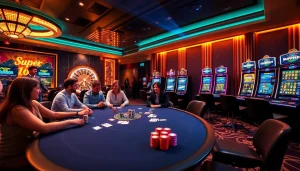 Engaging Superbet casino scene with poker, roulette, and vibrant slot machines.