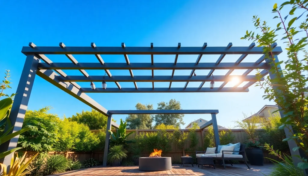Enhance your outdoor space with a stylish modern steel pergola featuring sleek design.