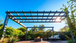 Enhance your outdoor space with a stylish modern steel pergola featuring sleek design.