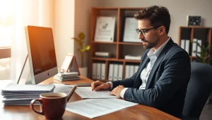 Professional translator engaged in certified translations (traducción jurada) in a modern office environment.