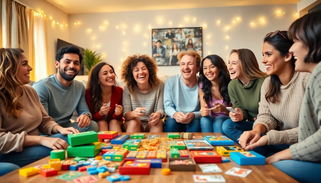 Friends enjoying different games to play with friends in a cozy living room setting.