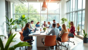 Engaging business agency team collaborating in a modern office setting