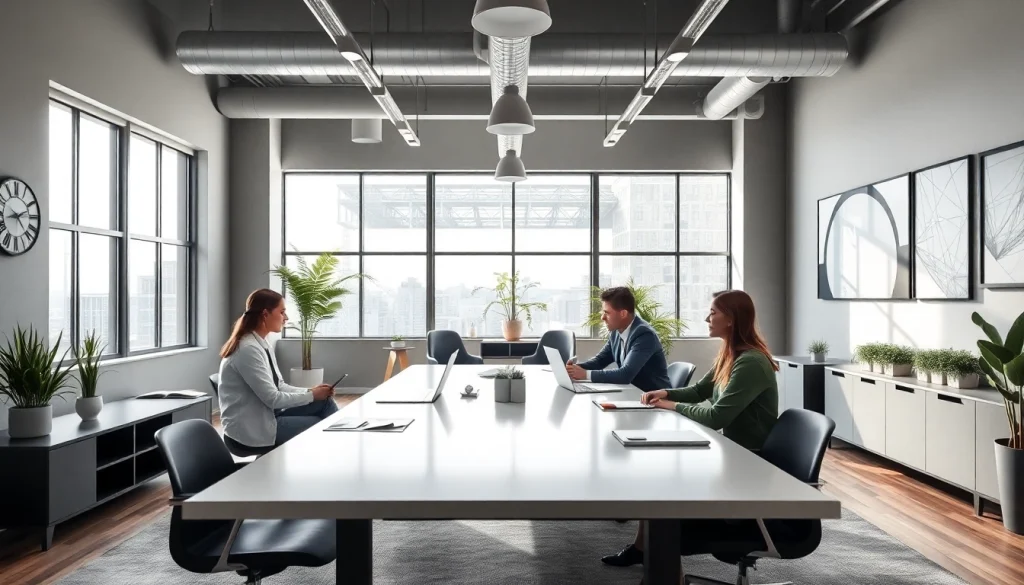 Showcasing industrial leasing opportunities, a modern workspace with leasing agents collaborating.