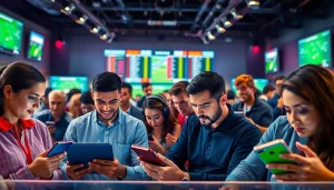 Judi bandar bola dengan suasana yang penuh semangat dan perangkat digital modern.