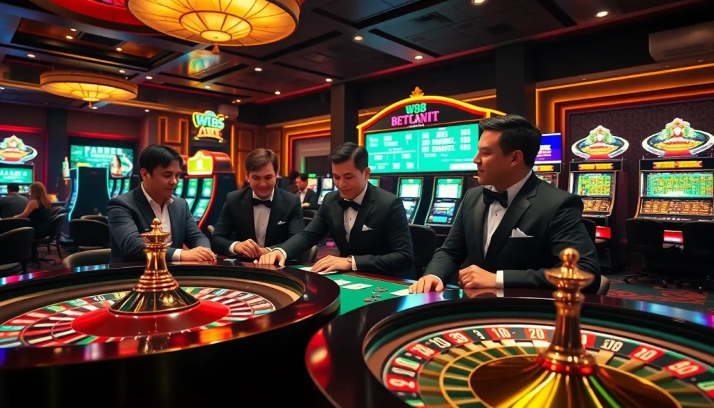 Experience the thrill of kèo nhà cái w88 at a luxury casino with poker tables, vibrant slot machines, and betting slips.