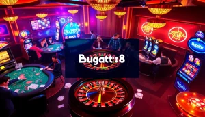 Players celebrating a win at Bugatti8's vibrant casino with poker chips and a roulette wheel.