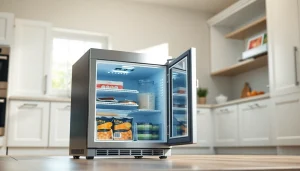 Organized mini freezer with open door and frozen foods in a contemporary kitchen setting.