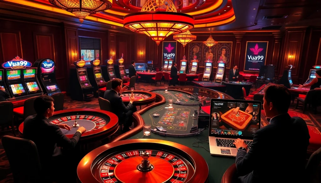 Players enjoy high-stakes games at Vua99 casino, featuring poker tables and roulette wheels.