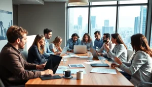 Business team collaborating in a modern office setting with laptops and city view.