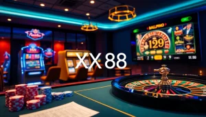 Experience the thrill of betting with XX 88 at a vibrant online casino table showcasing poker chips and slot machines.