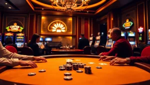 Experience the thrill of U888 at a luxurious poker table with vibrant casino elements.