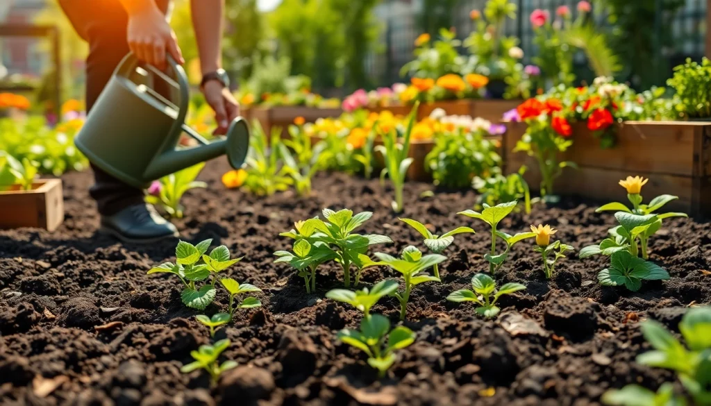 Gardening enthusiast planting seedlings in a vibrant community garden with colorful flowers.
