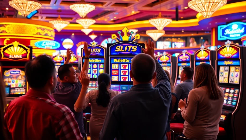 Menangkan permainan walettoto slot dengan pemain yang merayakan kemenangan di kasino.