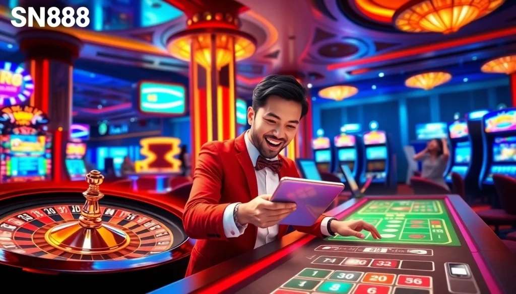 Engaging in fast-paced betting action on SN888's online casino platform, featuring vibrant gaming elements.