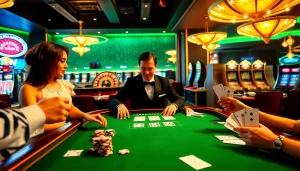 W88 casino players excitedly engaging at a luxurious gaming table with poker chips.