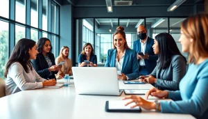 Business professionals collaborating in a modern office setting highlighting teamwork.