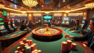 Experience new66 gaming excitement with vibrant roulette, poker tables, and lively players.