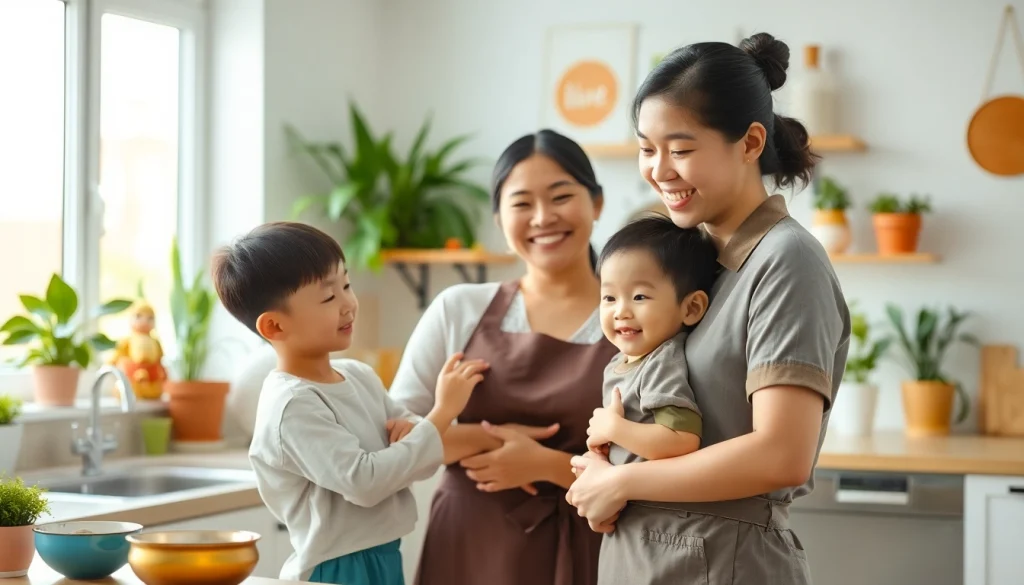 Filipino maid engaging with a family in a bright kitchen, showcasing care and warmth.