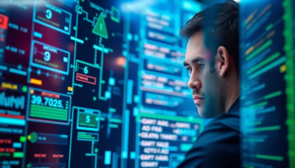 An expert analyzing cirt data with digital interfaces highlighting cybersecurity measures.