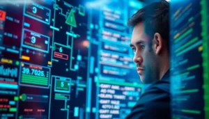 An expert analyzing cirt data with digital interfaces highlighting cybersecurity measures.