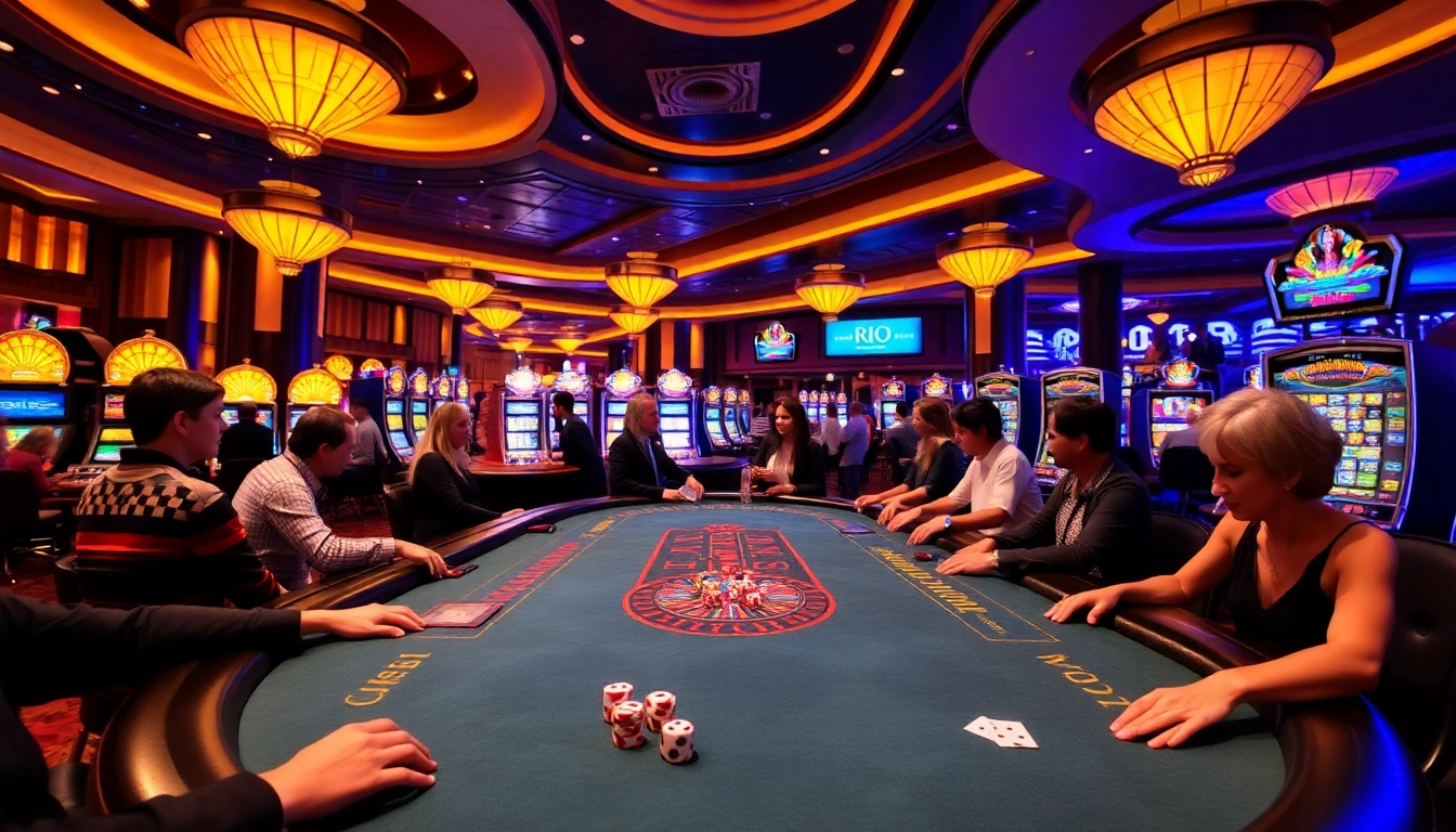 Play at the vibrant RIO casino table with players enjoying poker and slots action.