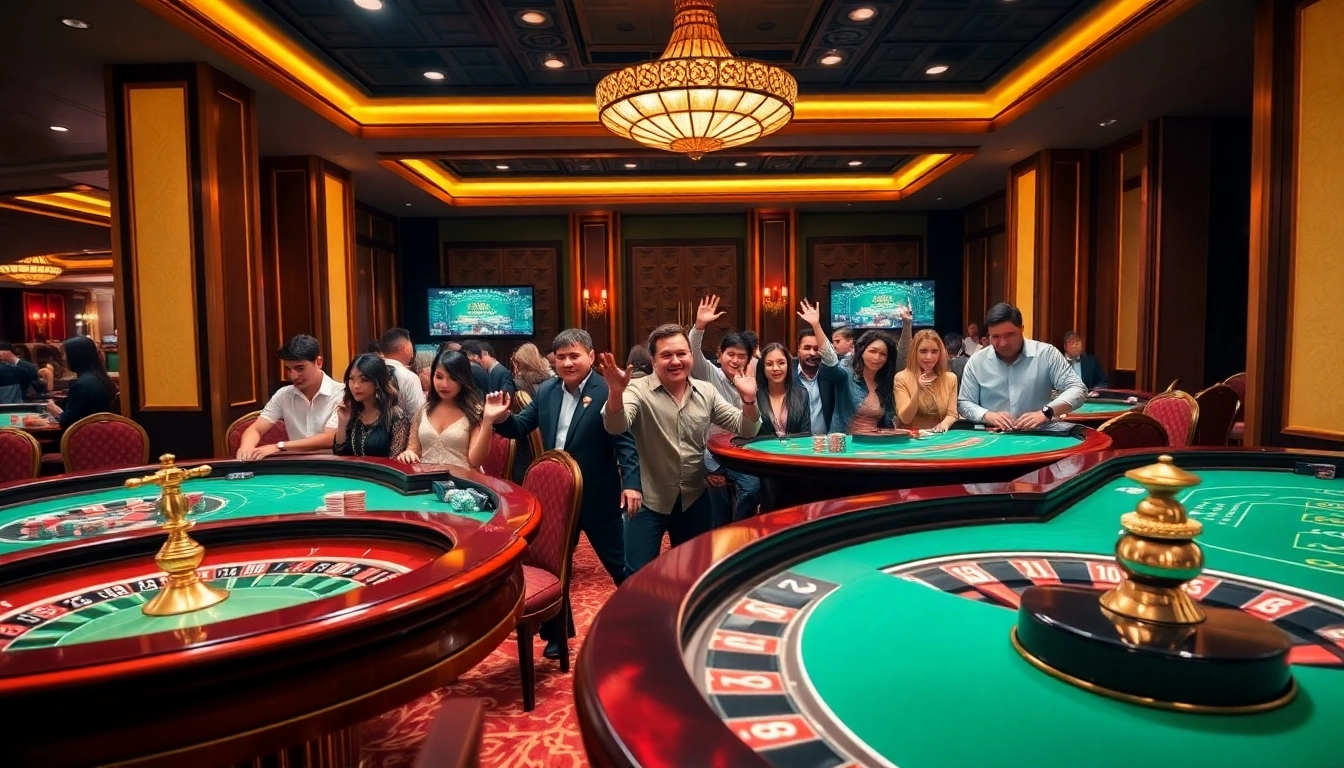 Players enjoy their gaming experience at 9Dbet casino with poker chips, cards, and roulette wheel in a luxurious atmosphere.