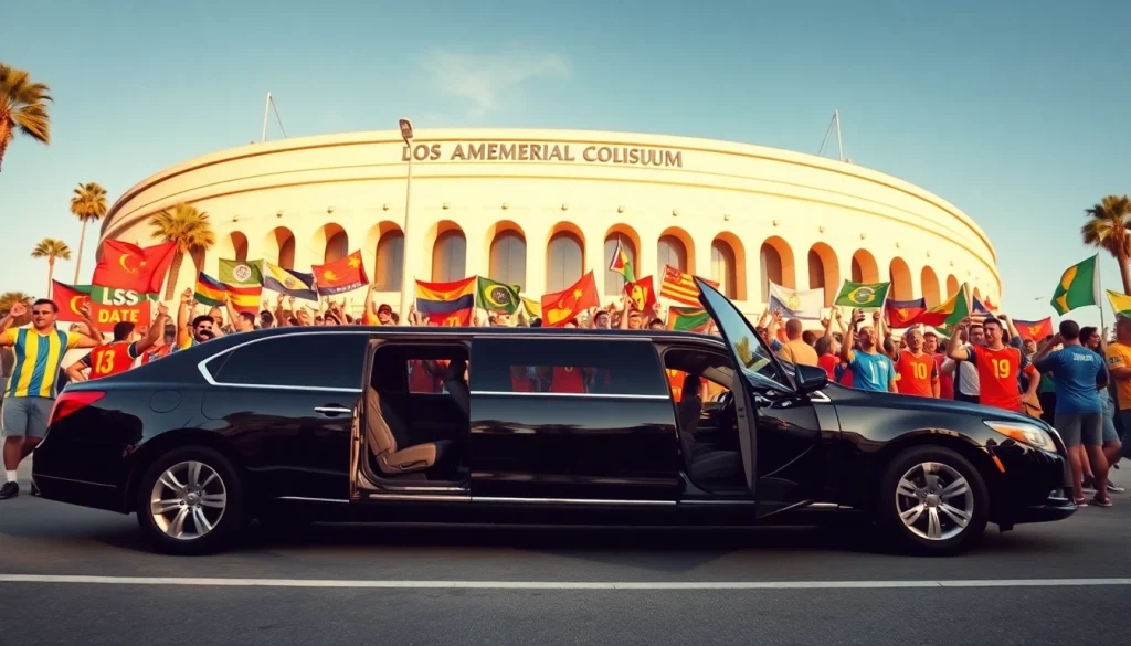 World Cup Group Transportation with luxury limousine at LA Coliseum, fans in vibrant jerseys celebrating