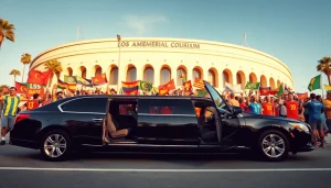 World Cup Group Transportation with luxury limousine at LA Coliseum, fans in vibrant jerseys celebrating
