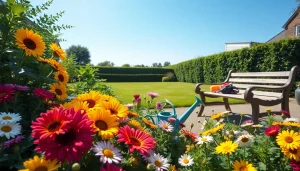 Gardening scene with vibrant flowers and greenery inviting a peaceful outdoor experience.