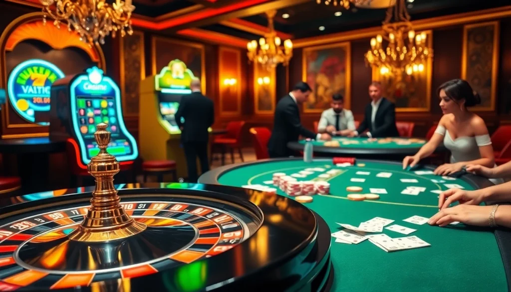 Experience 소액결제 excitement at a vibrant casino with roulette and poker tables.