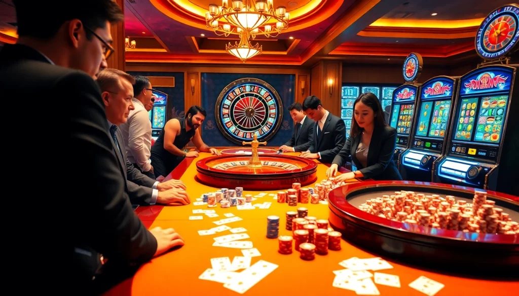 Exciting casino scene with players enjoying with vn88 online gaming tables and slot machines.