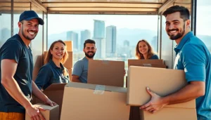 Movers Vancouver efficiently loading boxes into a truck in a vibrant urban setting.