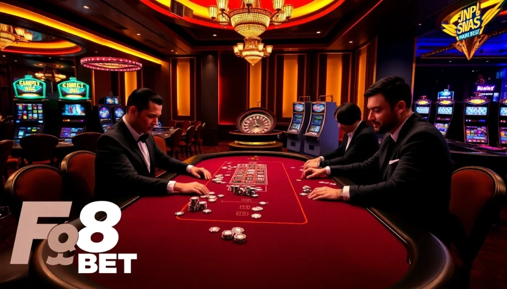 Experience the excitement of F8 BET at a high-stakes poker table surrounded by luxury casino elements.