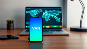 快连vpn下载 displayed on a smartphone in a modern workspace, promoting security and connectivity.