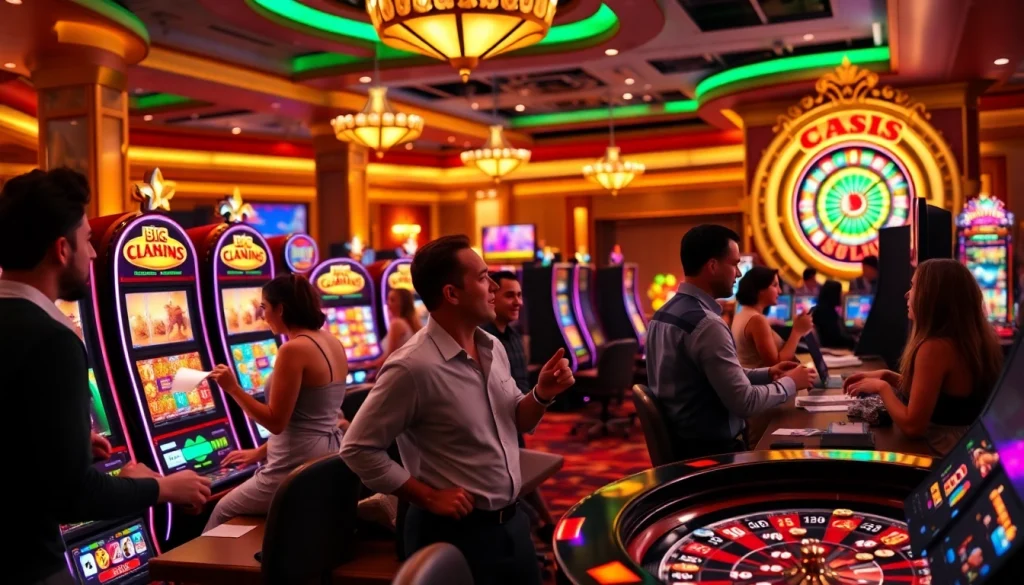 Engage with exciting online 슬롯 machines in a vibrant casino atmosphere, showcasing winning spins.