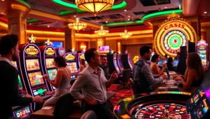 Engage with exciting online 슬롯 machines in a vibrant casino atmosphere, showcasing winning spins.