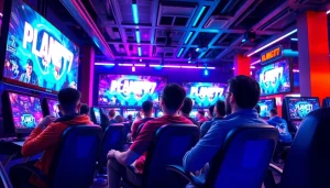 Menyaksikan pemain asyik dengan tampilan dinamis dari permainan PLANET77 game di lounge modern.