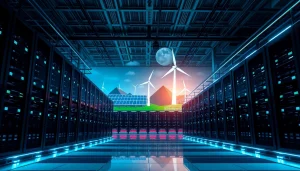 Visualize cloud crypto mining at a high-tech facility utilizing renewable energy sources.