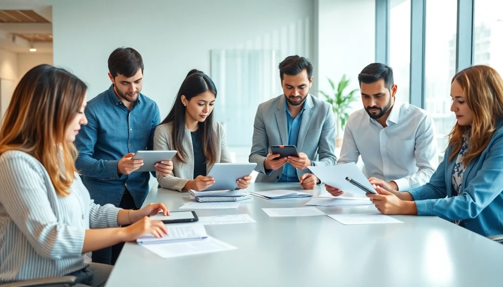 Les services de traduction professionnelle de translatecompany.fr présentés par une équipe diversifiée dans un bureau moderne.